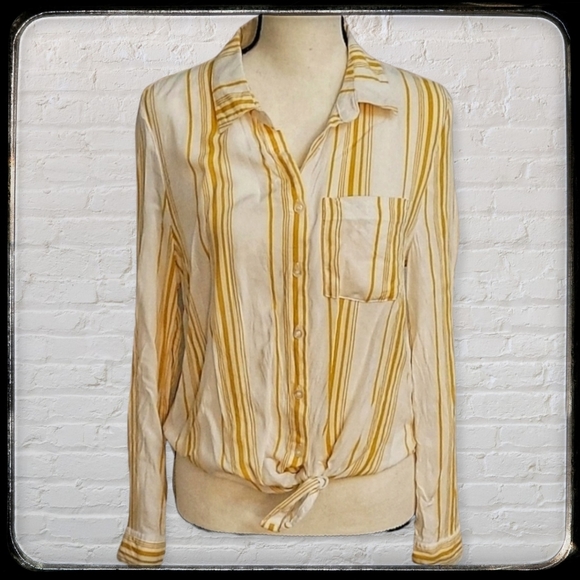 TALLULAH KATE! Vertical Stripe Button Down Long Sleeve Waist Tie Shirt - Picture 2 of 9